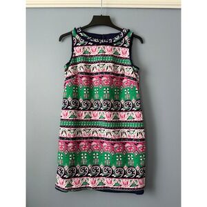 Talbots Women's Sleeveless Shift Dress Geometric Navy Pink Green Size 8Petite